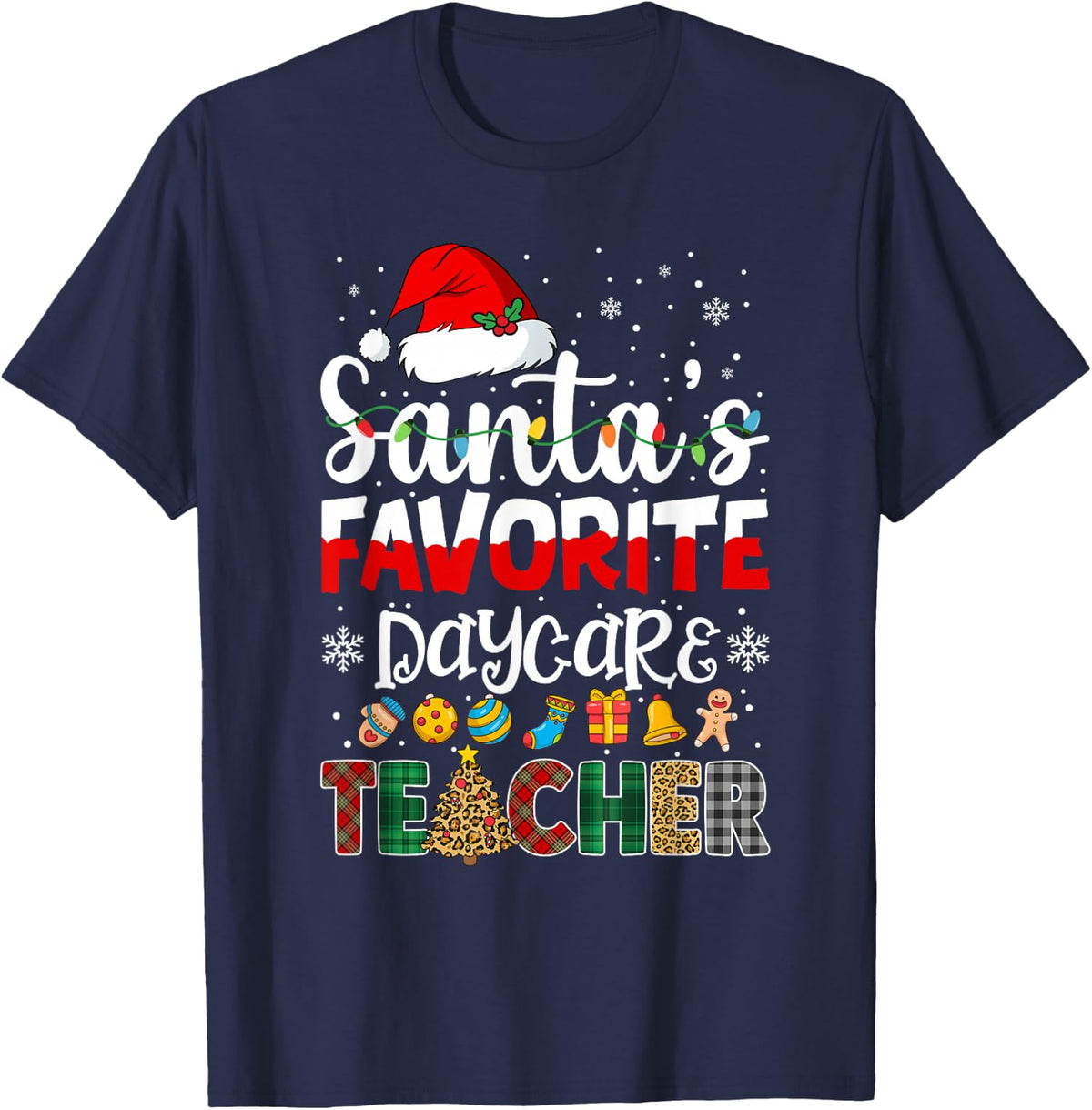 Santa's Favorite Daycare Teacher Buffalo Plaid Christmas T-Shirt - Navy Blue