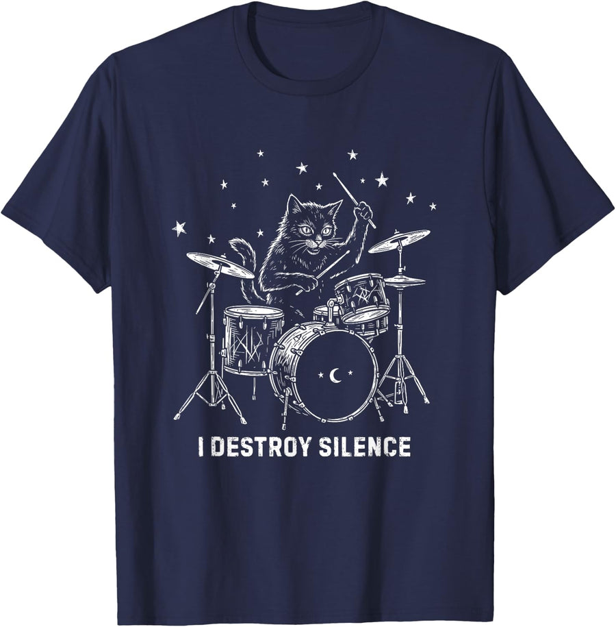 Black Cat Playing Drums Vintage Gothic Rock Musician Graphic T-Shirt - Navy Blue