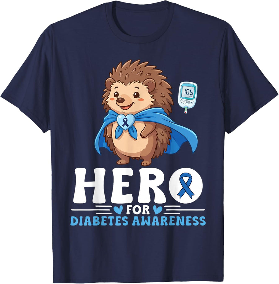Hedgehog Hero for Diabetes Awareness Diabetic Blue Ribbon T-Shirt - Navy Blue