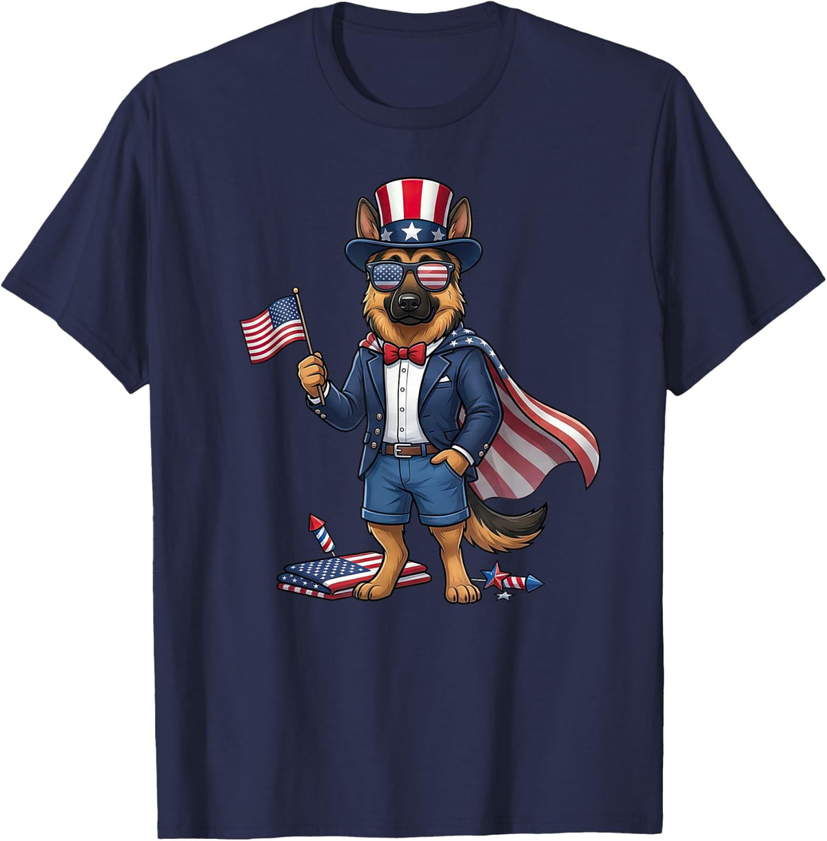 Funny German Shepherd USA Flag Memorial Day 4th of July T-Shirt - Navy Blue