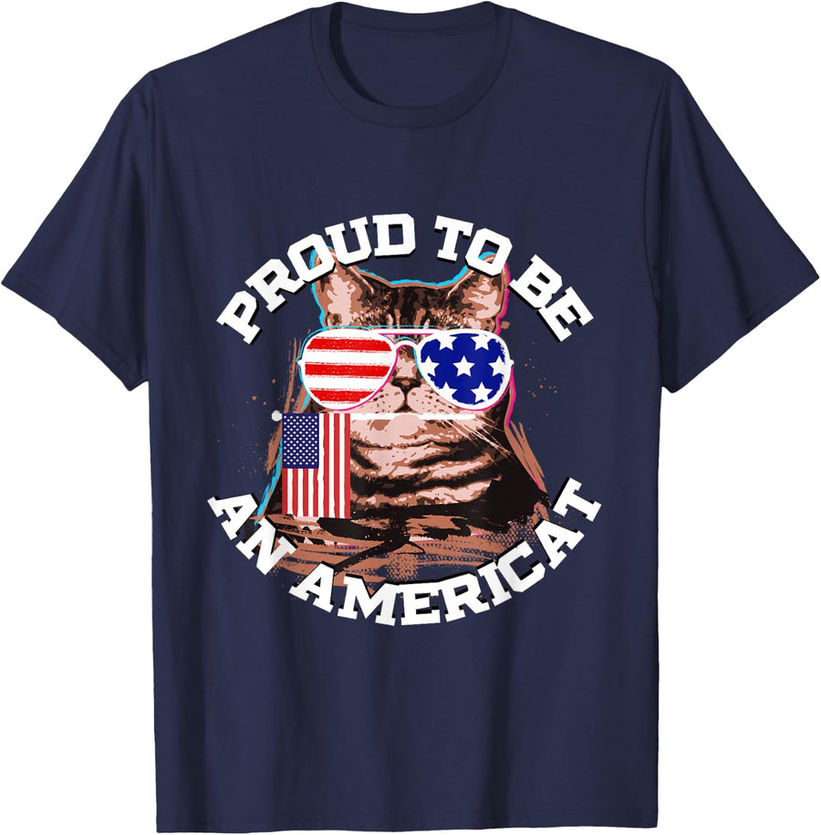 Cat US Flag Sunglasses Proud To Be An Americat TShirt T-Shirt - Navy Blue