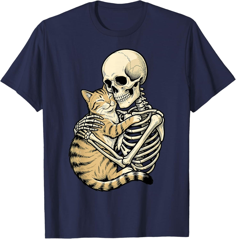 Cat Skeleton Hug Funny Feline Skull Humor Lover Hugging T-Shirt - Navy Blue