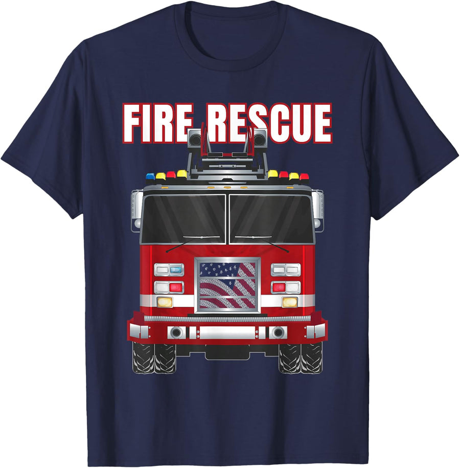 American Fire Rescue Firefighter Department Truck Fireman T-Shirt - Navy Blue