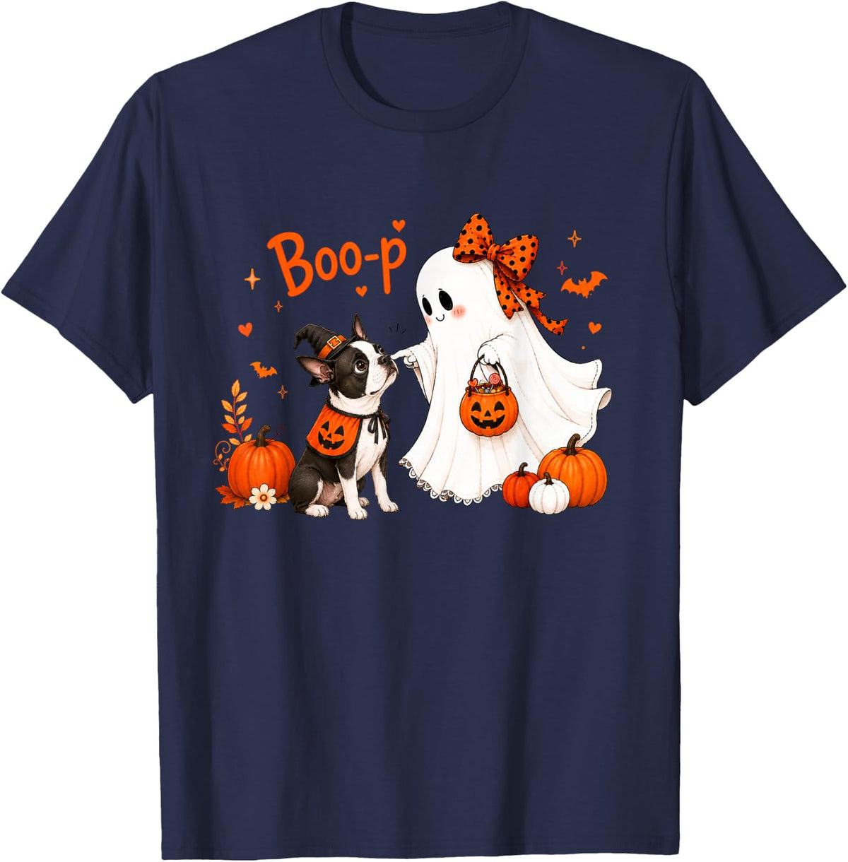 Boston Terrier Boo Boo-p Ghost Nose Boop Halloween Dog Lover T-Shirt - Navy Blue