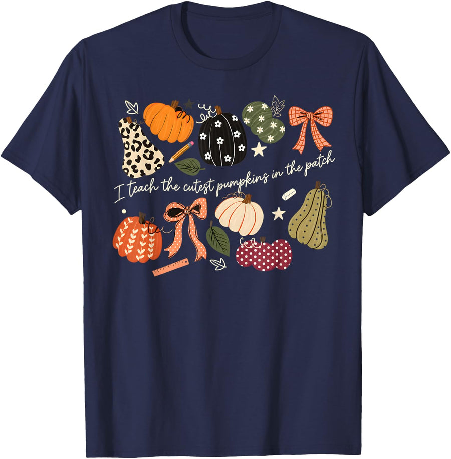 I Teach Cutest Pumpkins in The Patch Teacher Fall Bow T-Shirt - Navy Blue