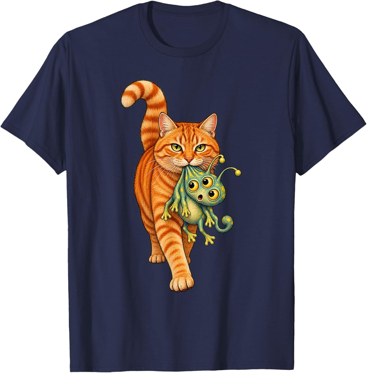 Cat Carrying Alien Funny Halloween Cat T-Shirt - Navy Blue