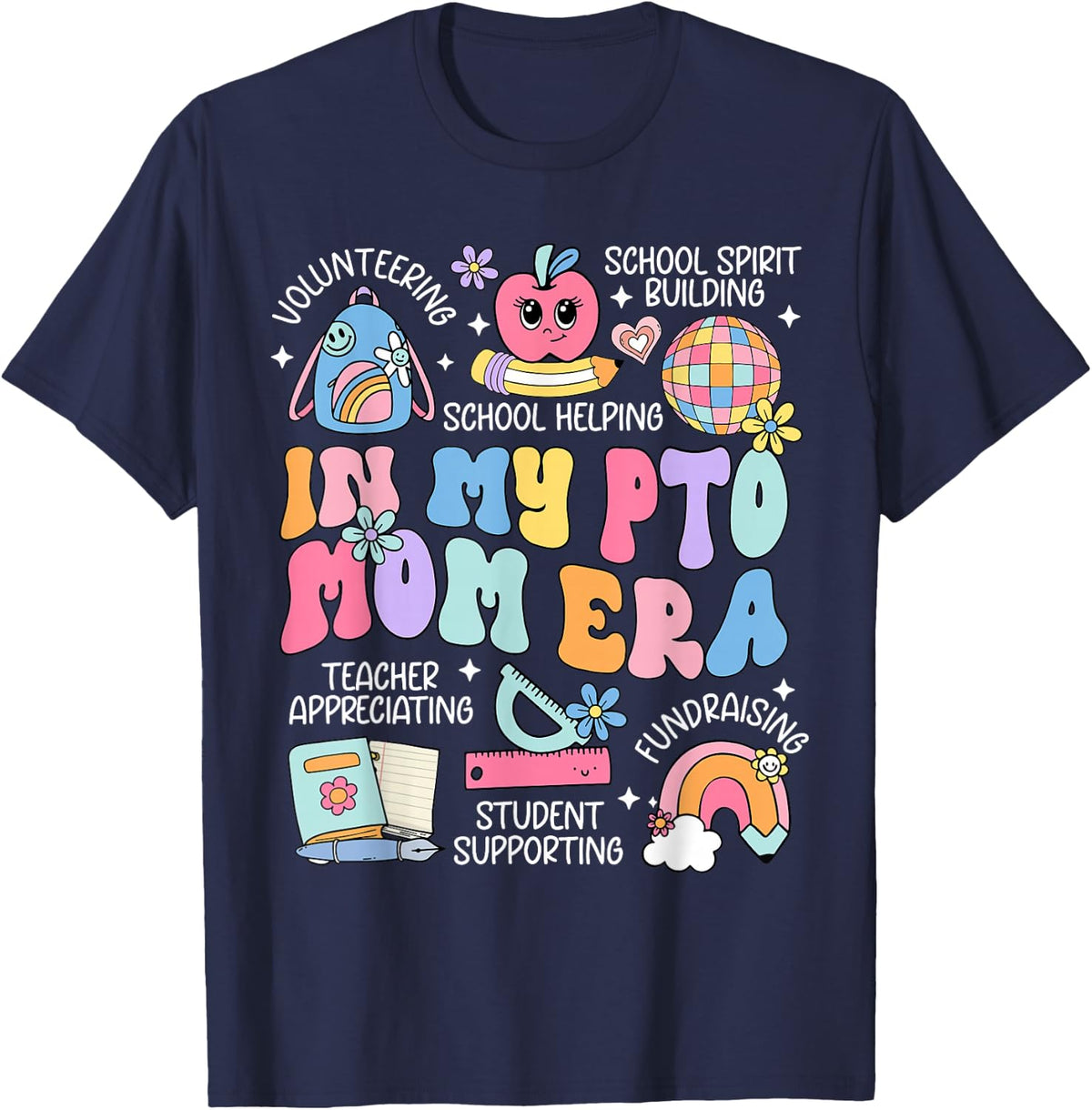in My PTO Mom Era Parent Association Organization Groovy T-Shirt - Navy Blue