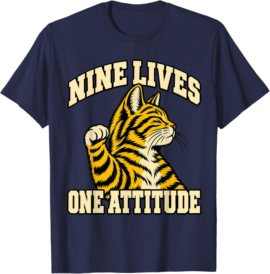 Tabby Cat Nine Lives One Attitude Paws Lover Fans Funny T-Shirt - Navy Blue