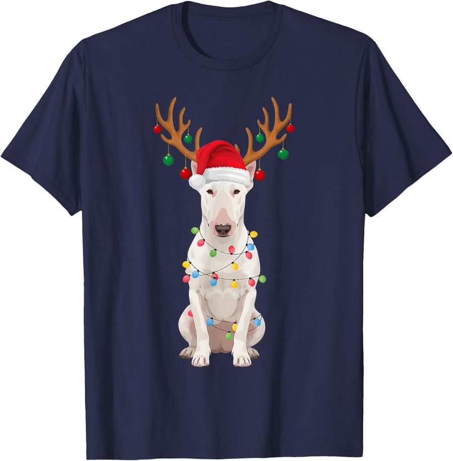 Bull Terrier Reindeer Antlers Santa Hat Dog Mom Dad T-Shirt - Navy Blue
