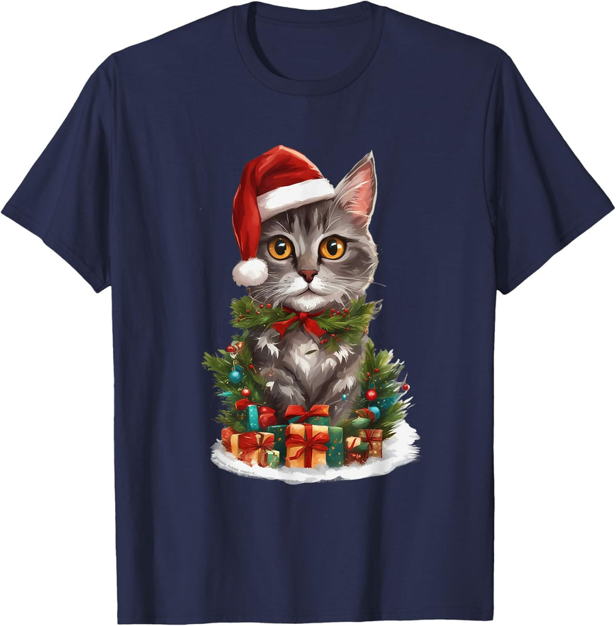 Cat Lovers Christmas Kitten in Santa Hat Christmas Cat T-Shirt - Navy Blue