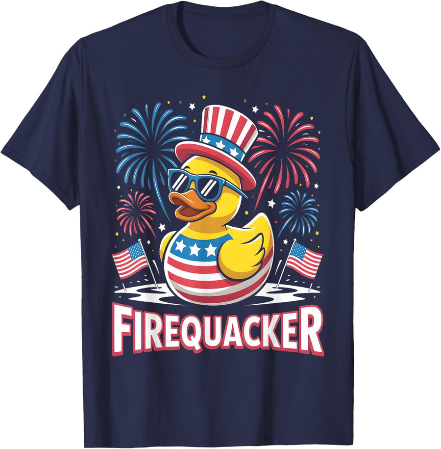 Funny Firequacker Duck 4th of July Patriotic Fireworks Lover T-Shirt - Navy Blue