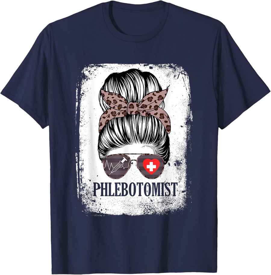 Phlebotomist Messy Bun Women Healthcare Worker T-Shirt - Navy Blue