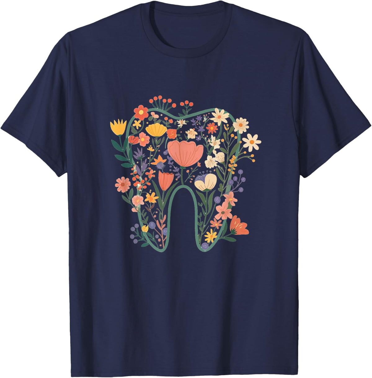 Floral Tooth Boho Flower Dental Student Dental Assistant T-Shirt - Navy Blue