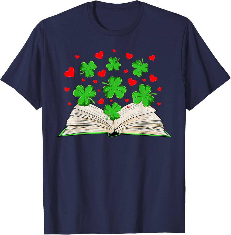 Funny Book With Shamrocks Librarian Saint Patrick's Day Kids T-Shirt - Navy Blue