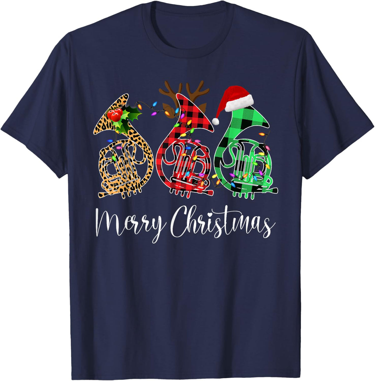 Merry Christmas French Horn Musical Instrument Gift T-Shirt - Navy Blue