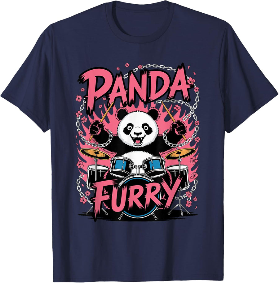 Panda Drummer Chains Cherry Blossoms Punk Rock Energy T-Shirt - Navy Blue