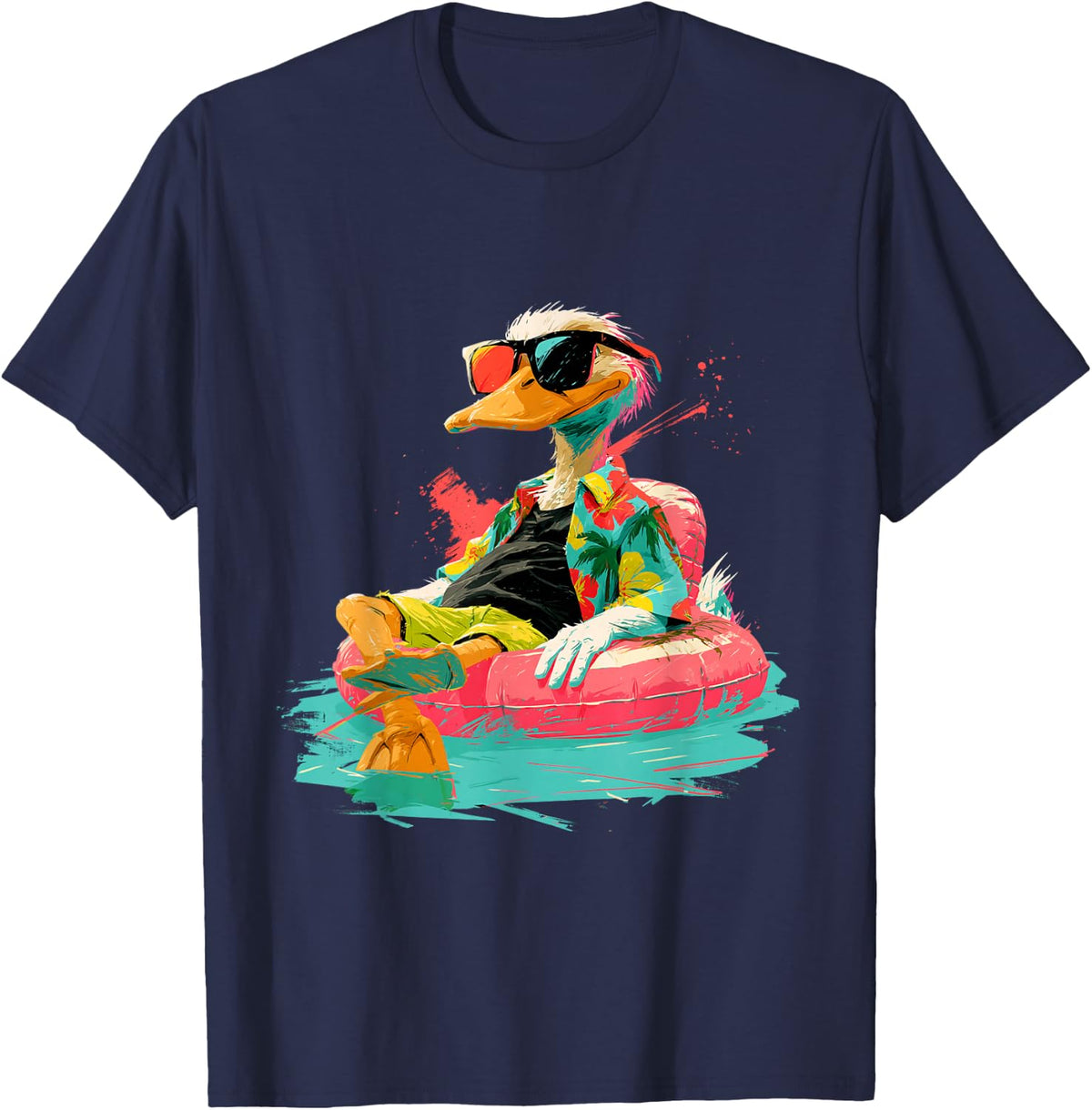 Relaxed Duck in Sunglasses on a Pink Pool Float T-Shirt - Navy Blue