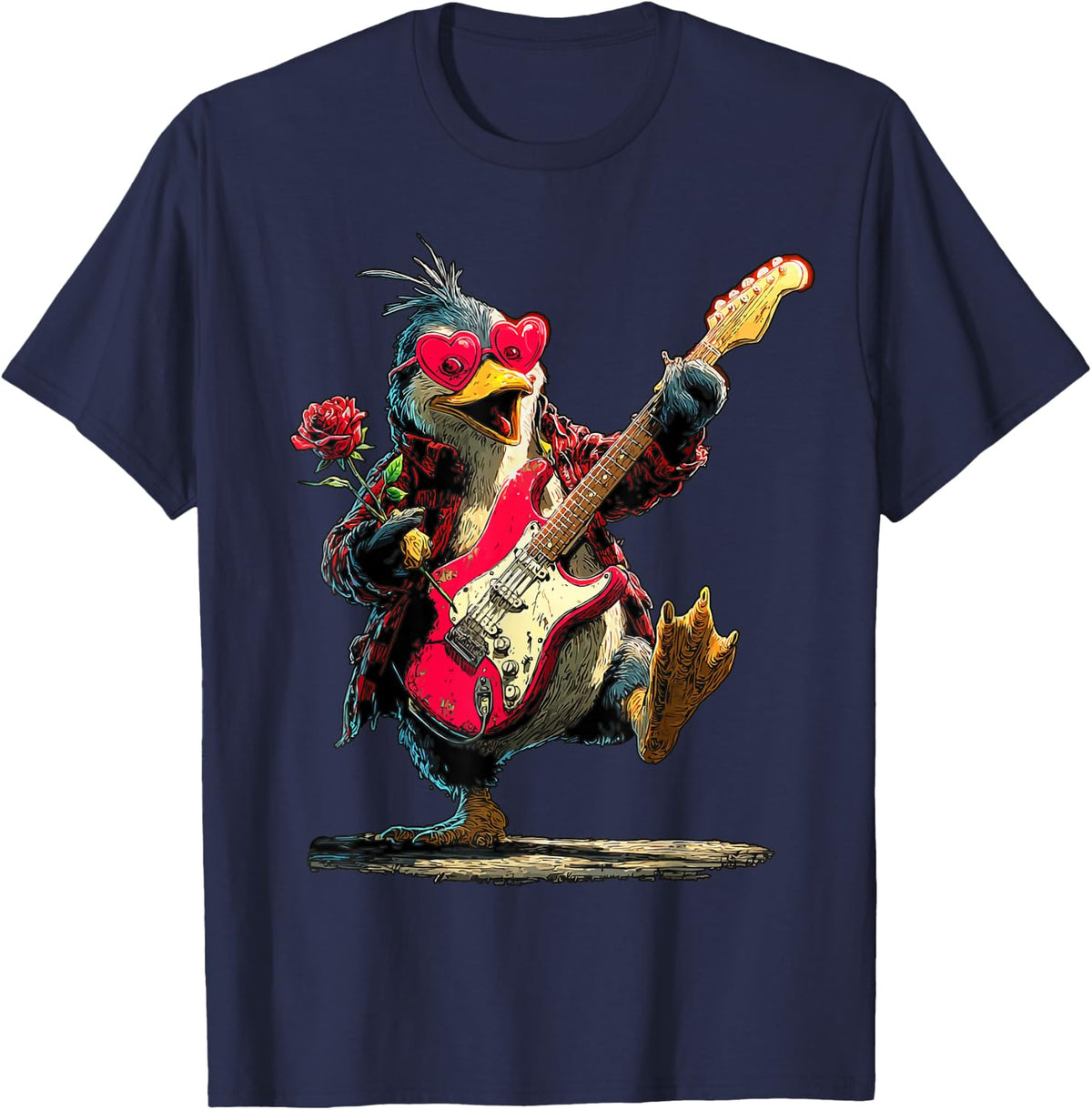 Cute Penguin Playing Guitar Guitarist Animal Valentine’s Day T-Shirt - Navy Blue