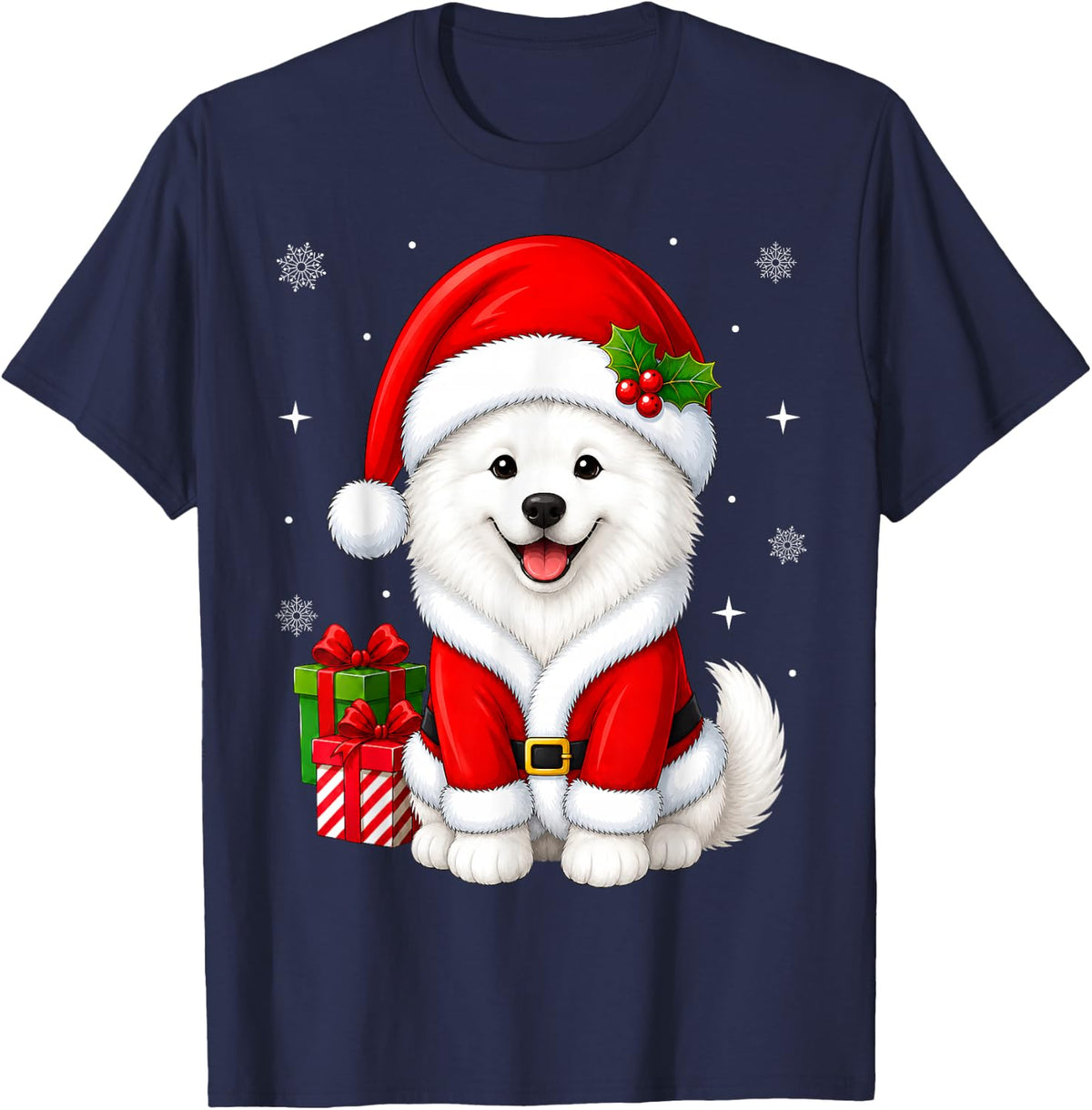 Samoyed Dog in Christmas Santa Costume Cute Festive Xmas T-Shirt - Navy Blue