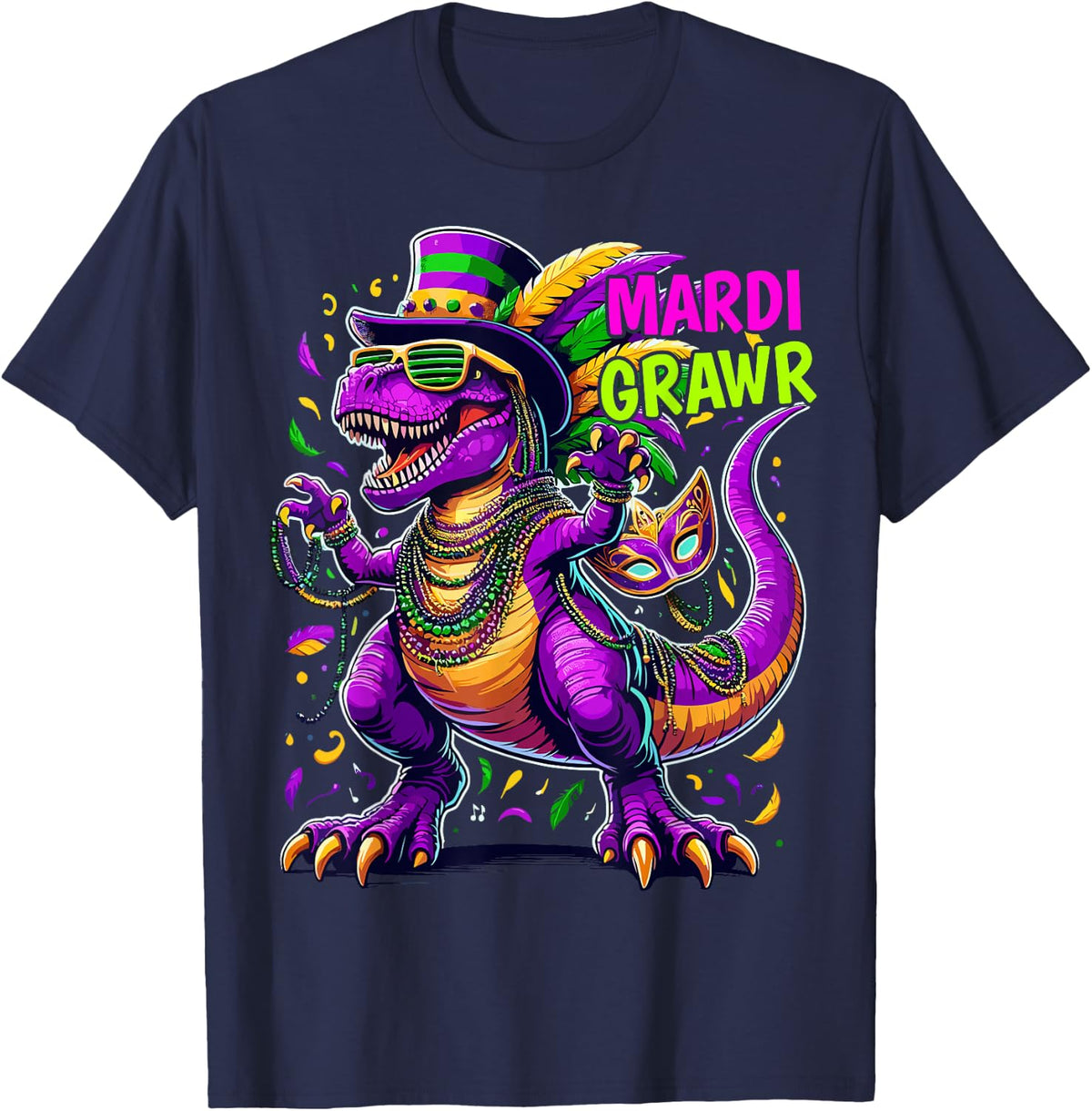 Mardi Grawr Dino T-rex Boys Mardi Gras T-Shirt - Navy Blue