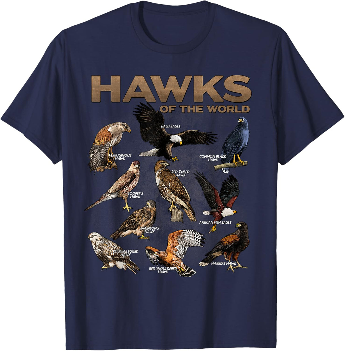 Hawks Animals of the World Educational Birds of Prey T-Shirt Tee for Birder and Birdwatching Fans - Navy Blue