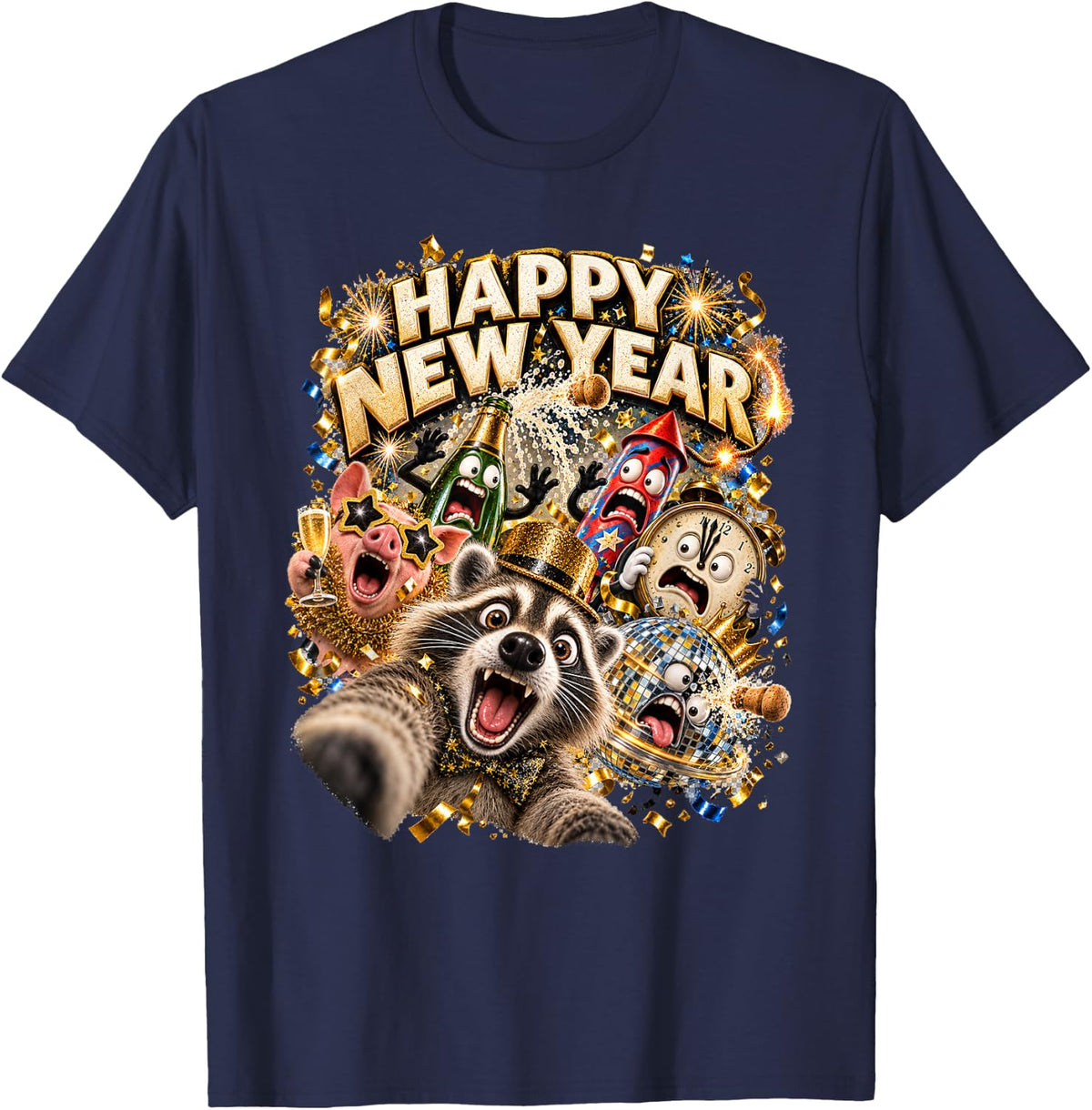 Happy New Year Raccoon Selfie Surprised Face Party Art T-Shirt - Navy Blue