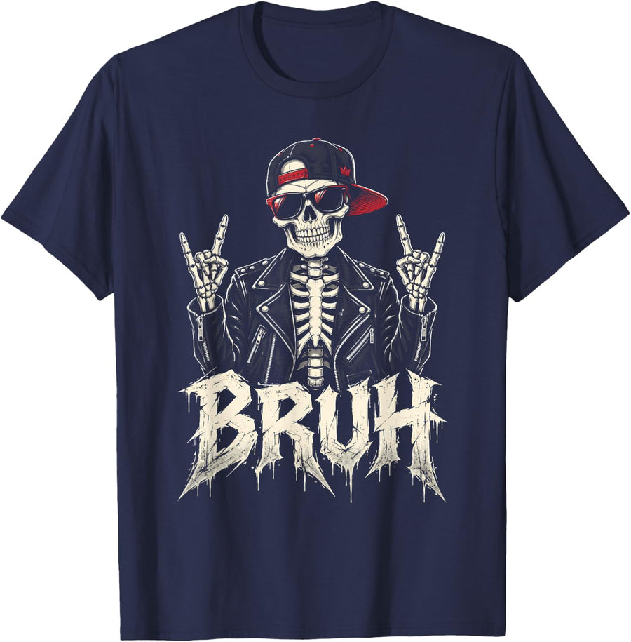 Bruh Cool Skeleton Rocker Biker Leather Jacket Halloween T-Shirt - Navy Blue