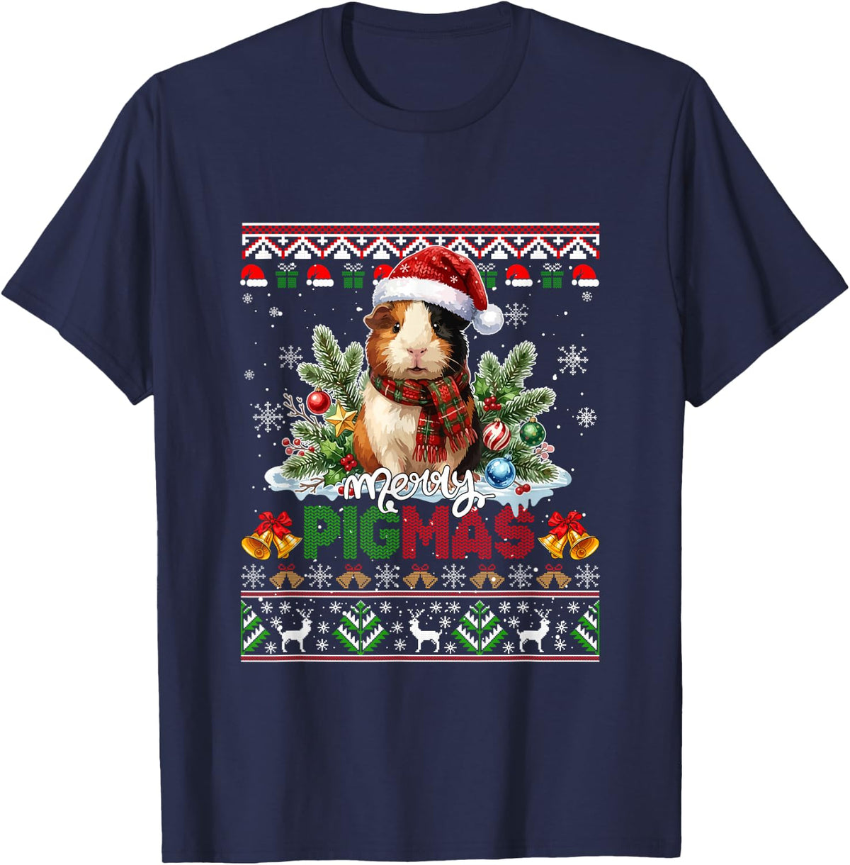 Merry Pigmas Christmas Adorable Sweater Guinea Pig Santa X T-Shirt - Navy Blue