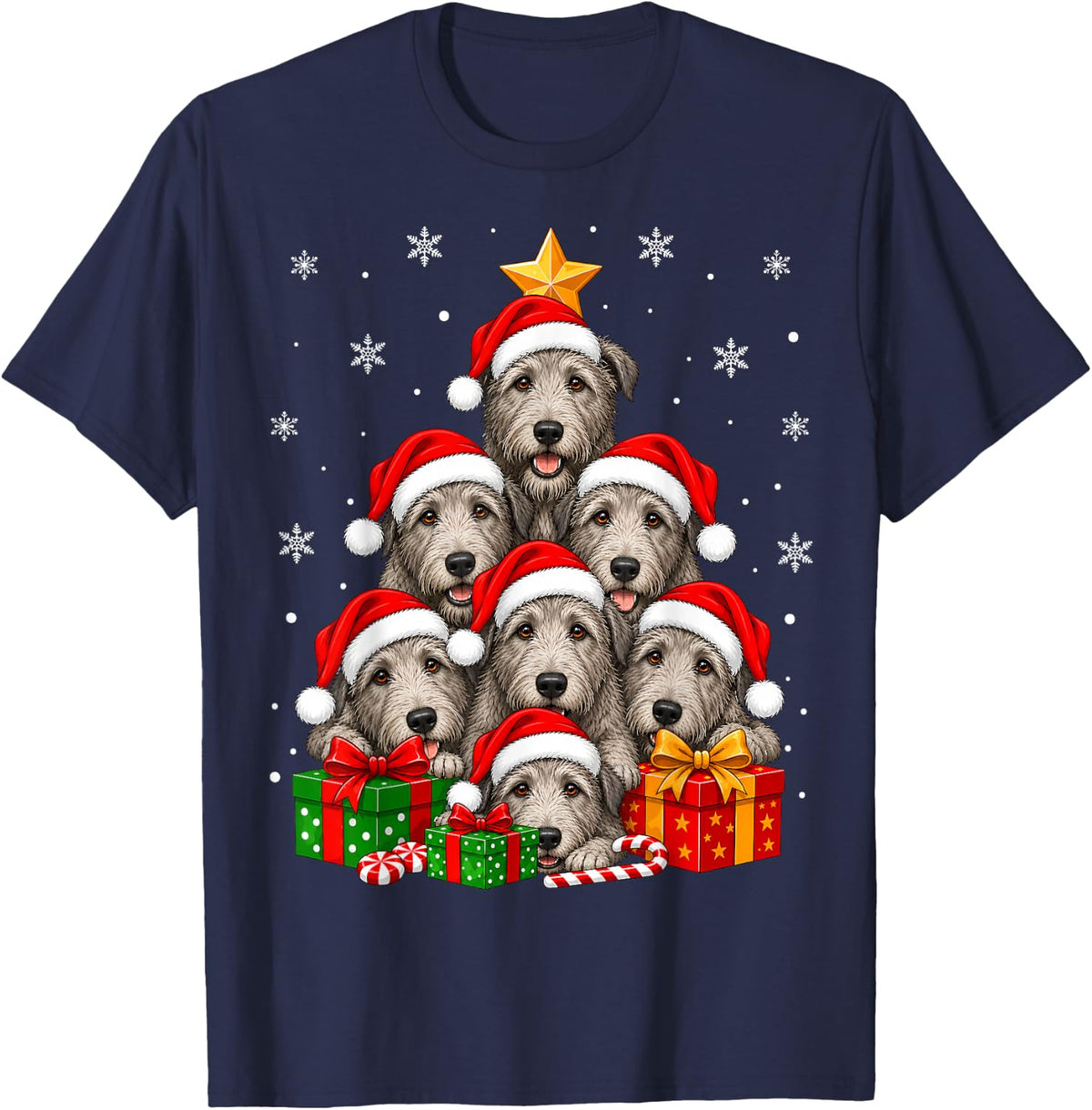 Irish Wolfhound Dog Christmas Tree Cute Festive Dogs Xmas T-Shirt - Navy Blue
