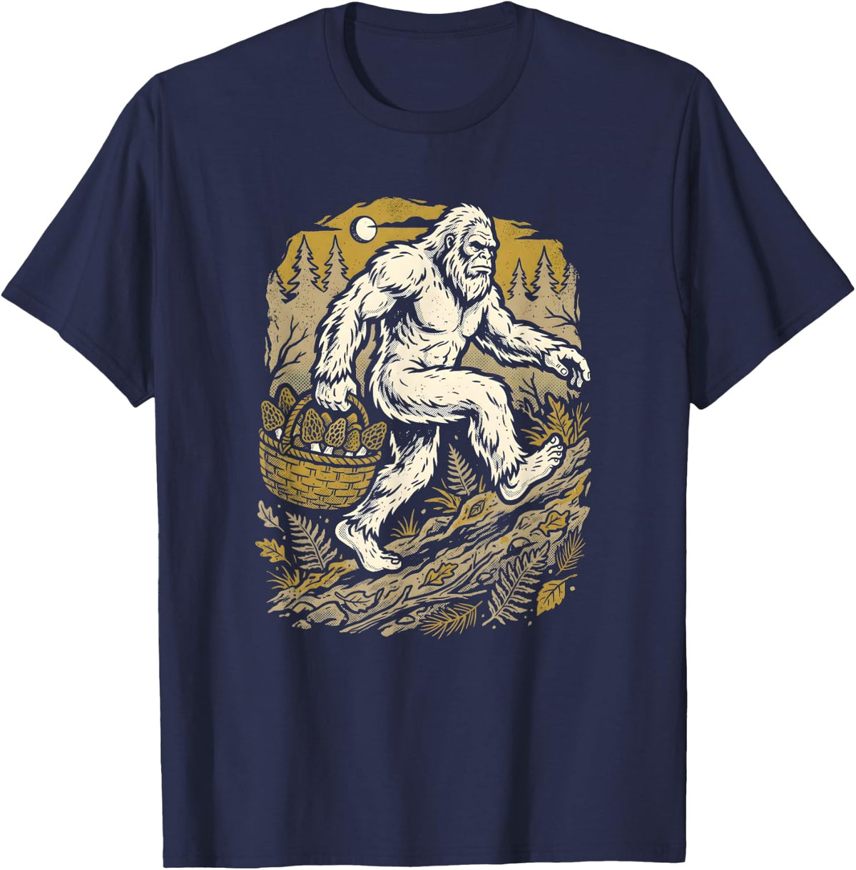 Bigfoot Mushroom Foraging Morel Hunter Forest Adventure T-Shirt - Navy Blue