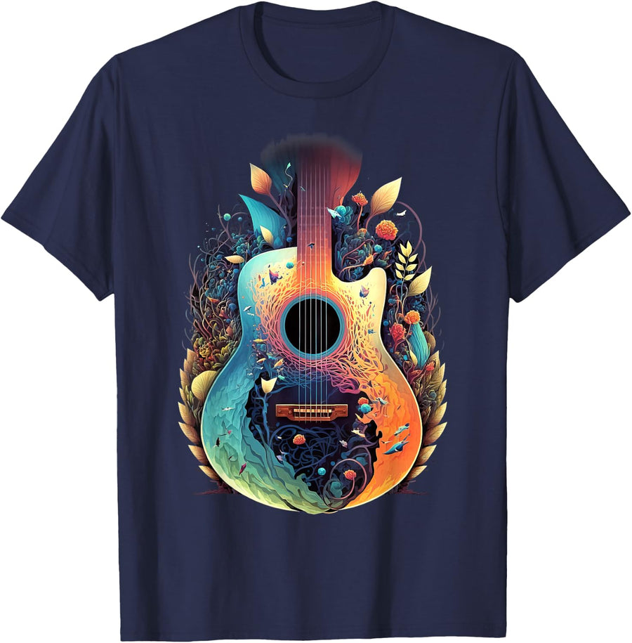 Guitar Graphic Music Lover - Acoustic Guitar Musician Floral T-Shirt - Navy Blue