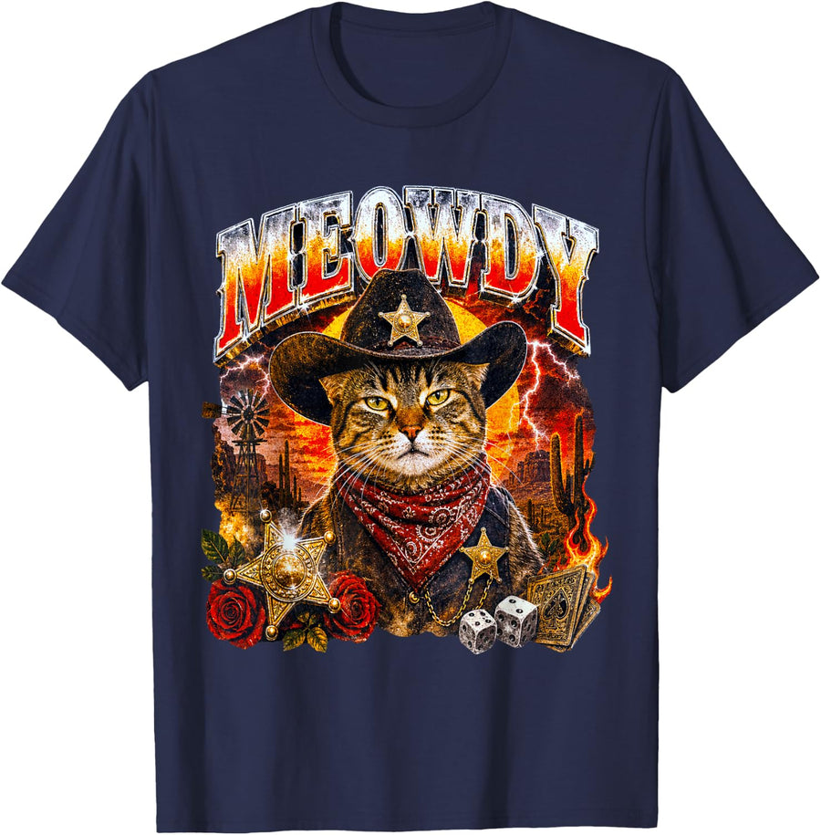 Meowdy Tabby Cat Sheriff Dad Joke Cowboy Pun Western Meme T-Shirt - Navy Blue