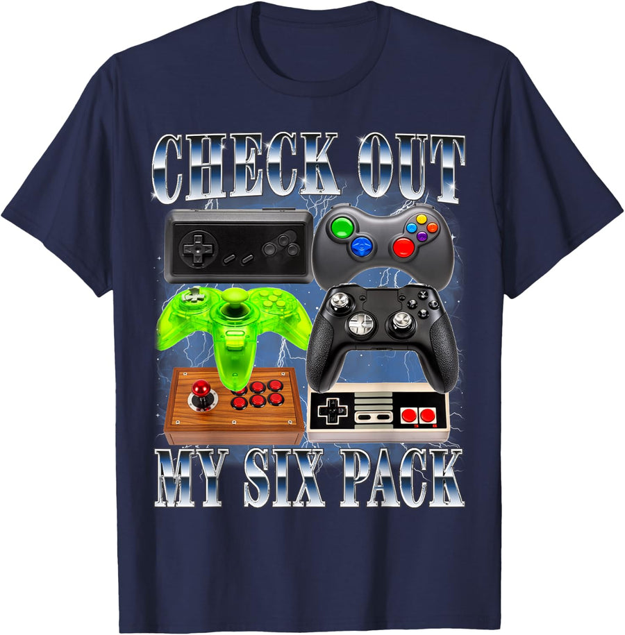 Check Out My Six Pack Gamer Video Game 90s Style Gaming T-Shirt - Navy Blue