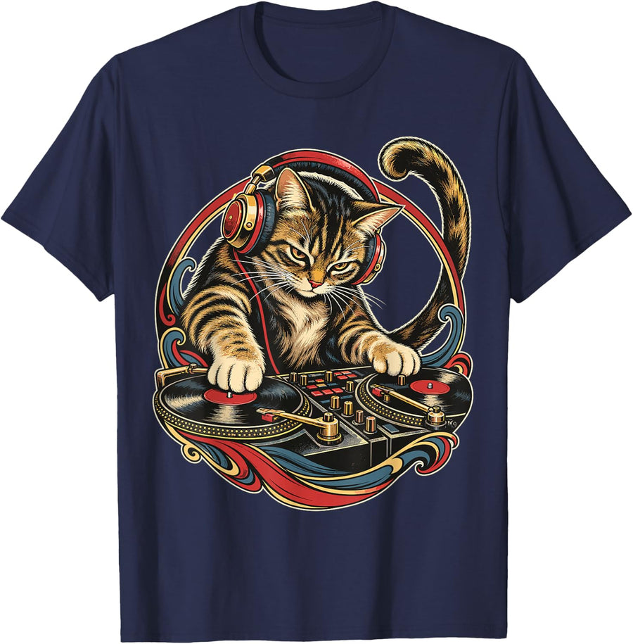 Tabby Cat as a Dj with Turntables T-Shirt - Navy Blue