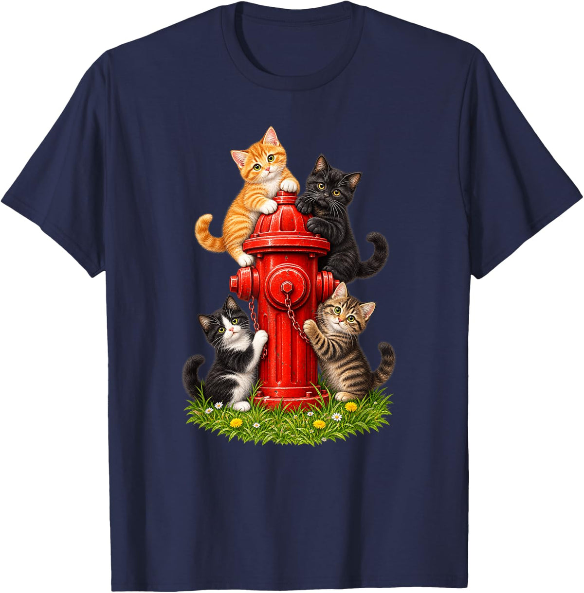 Cat Kitten Fire Hydrant Garden Illustration T-Shirt - Navy Blue