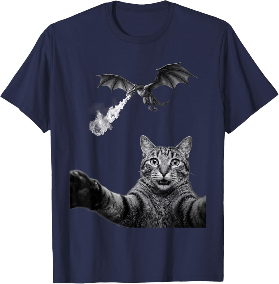 Funny Cat Taking Selfie with Fire Breathing Dragon Meme T-Shirt - Navy Blue