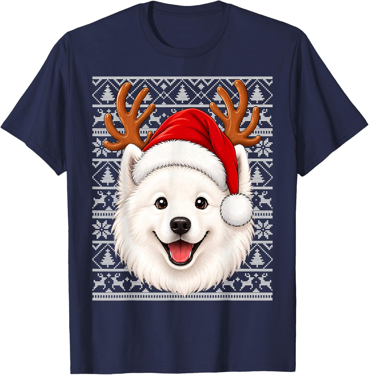 Samoyed Dog Christmas Santa Hat Ugly Sweaters Samoyed Xmas T-Shirt - Navy Blue