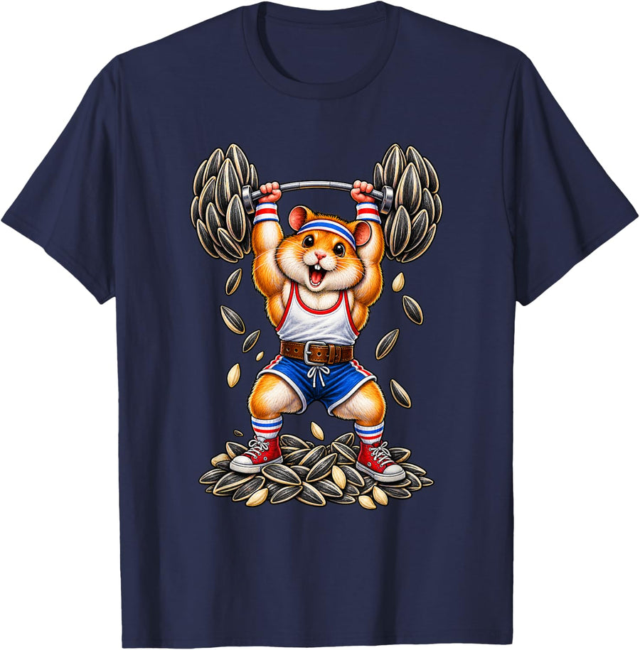 Strong Hamster Weightlifting Design T-Shirt - Navy Blue