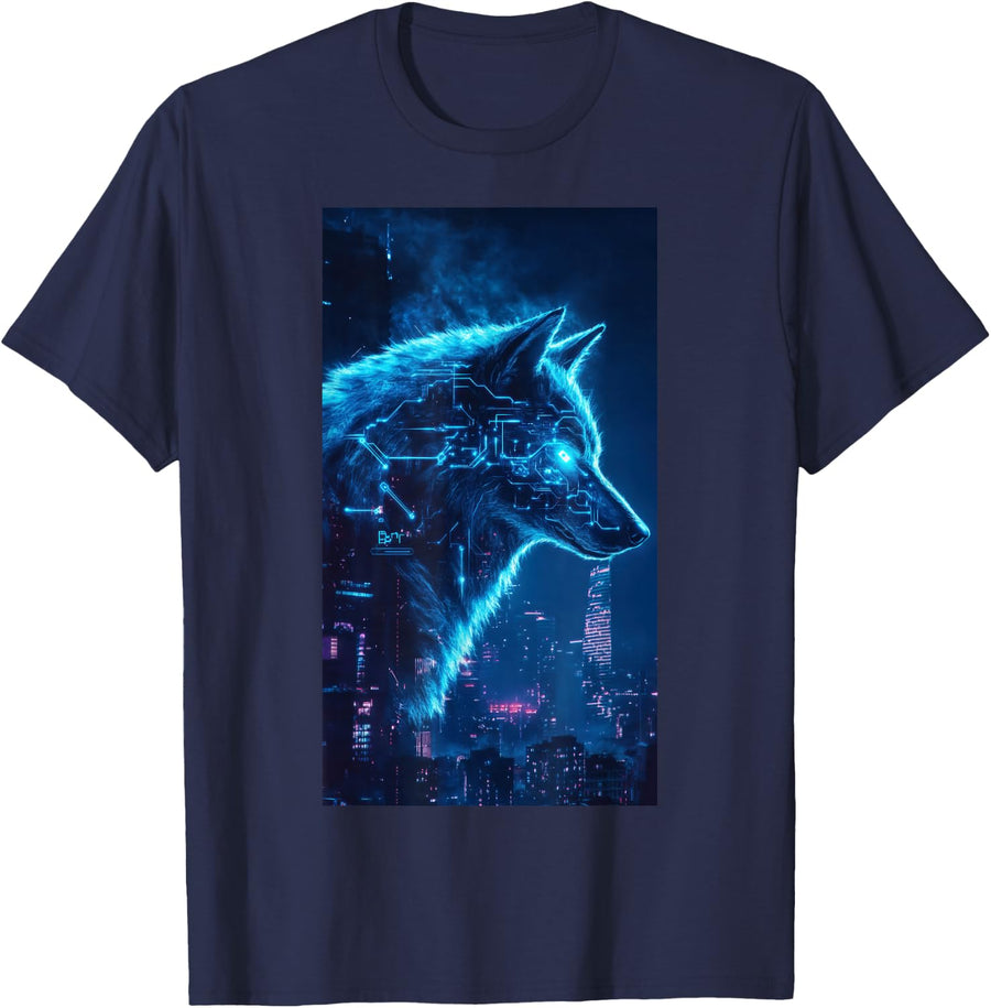 Futuristic Cyberpunk Wolf Cyber wolf Art T-Shirt - Navy Blue