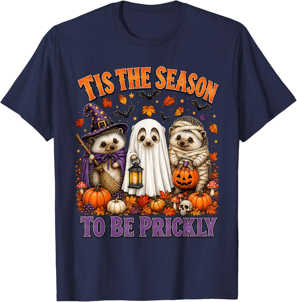 Cute Hedgehog Halloween Witch Ghost Mummy Hedgehog Lovers T-Shirt - Navy Blue