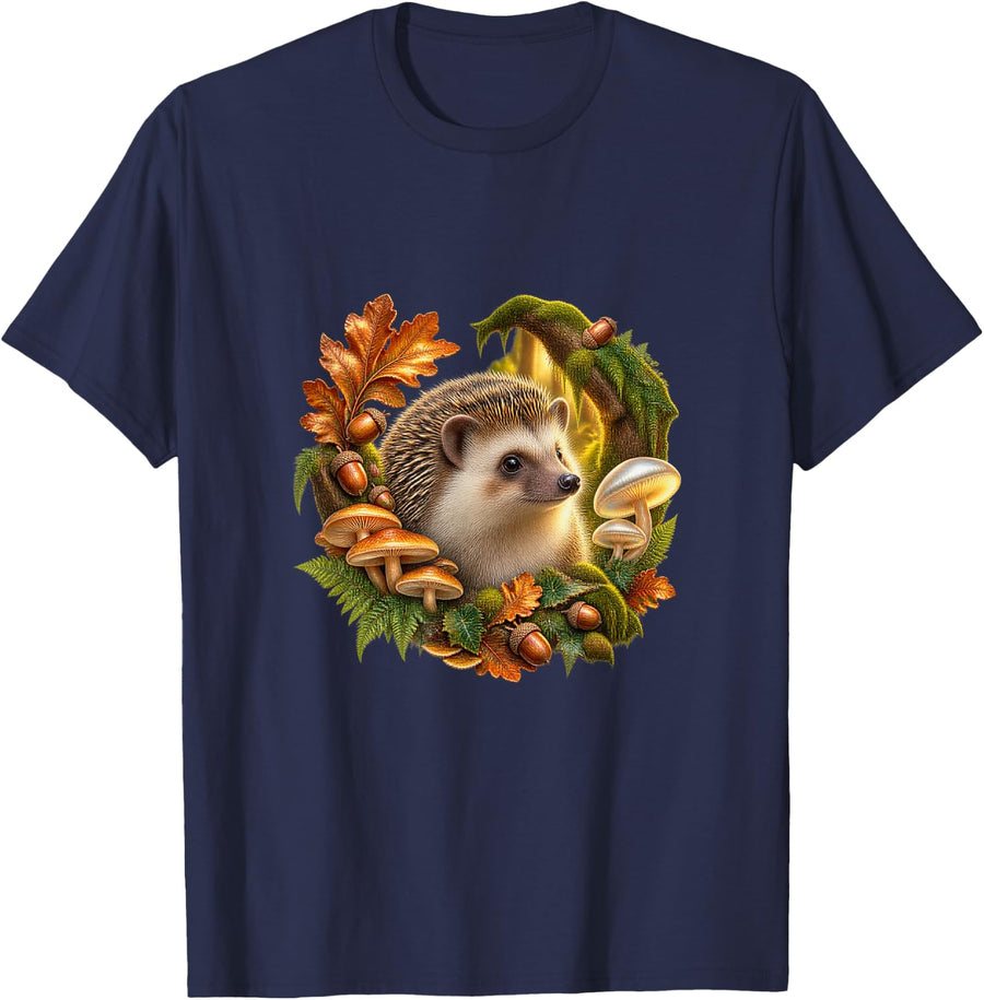 Hedgehog with Copper Oak Leaves and Acorns T-Shirt - Navy Blue
