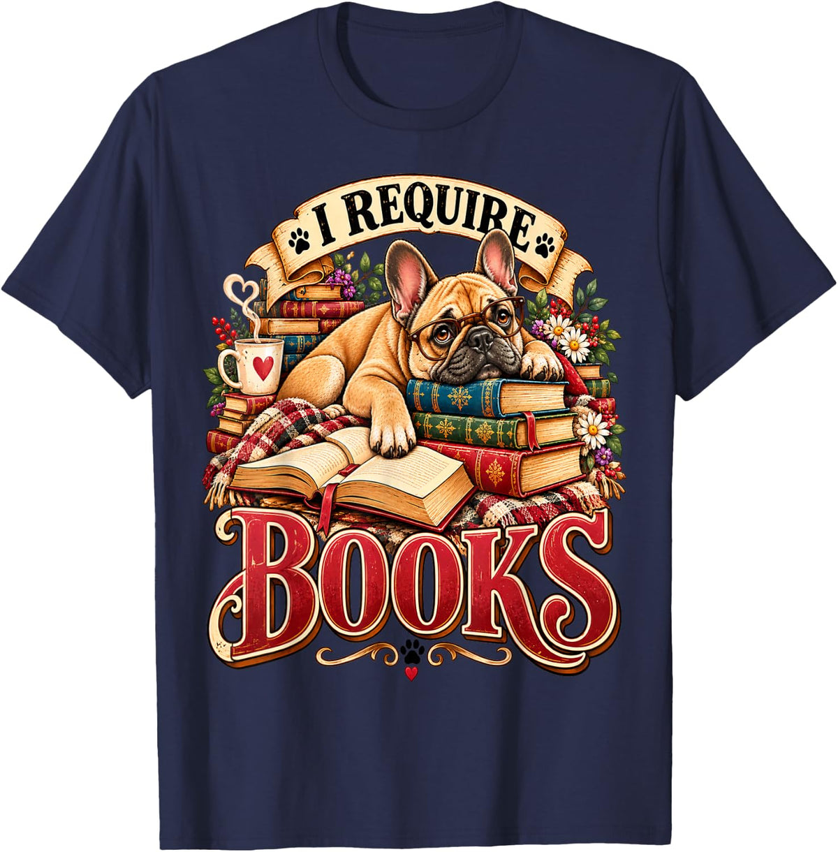 French Bulldog Book Lover Reading Frenchie Vintage Literary T-Shirt - Navy Blue