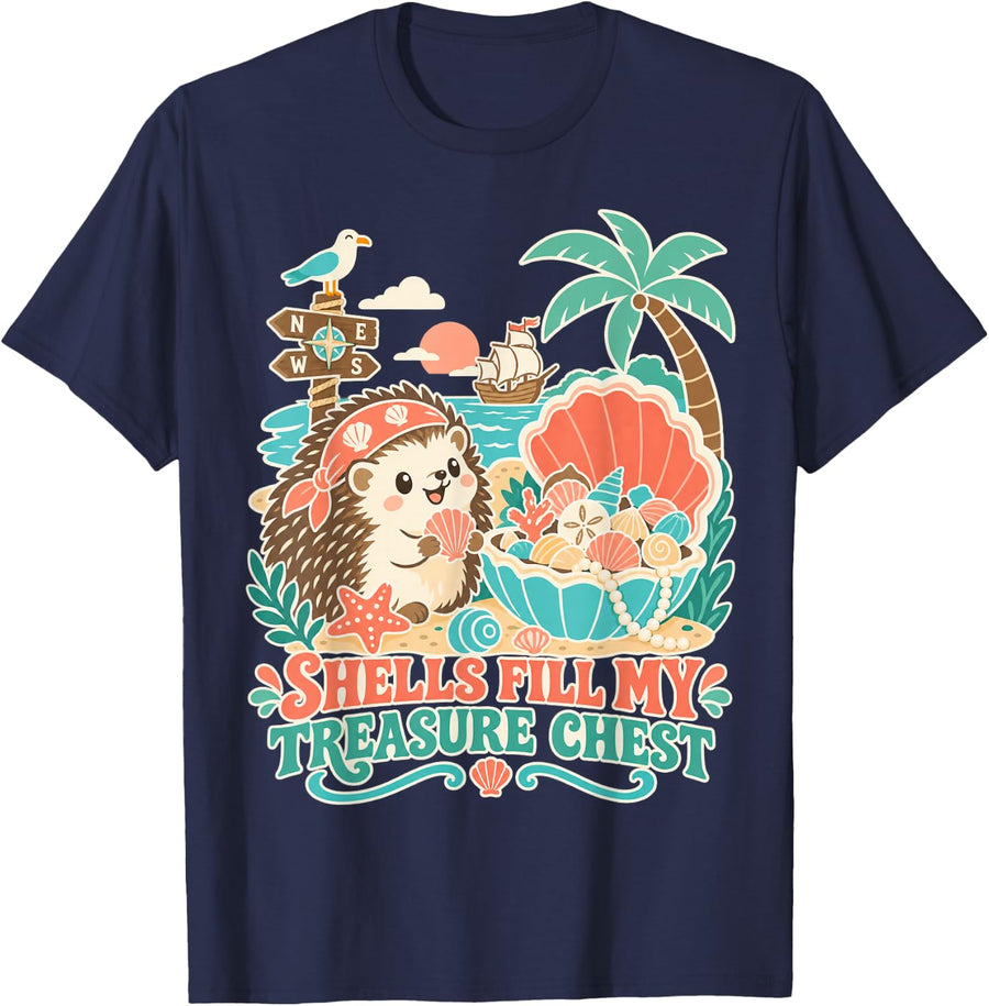 Hedgehog Collecting Shells at the Beach T-Shirt - Navy Blue