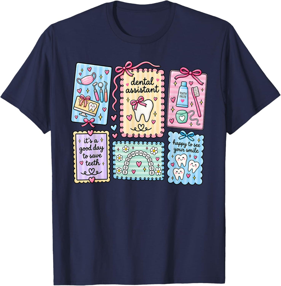 Dental Assistant Cute Coquette Tooth Pink Bow Dental T-Shirt - Navy Blue