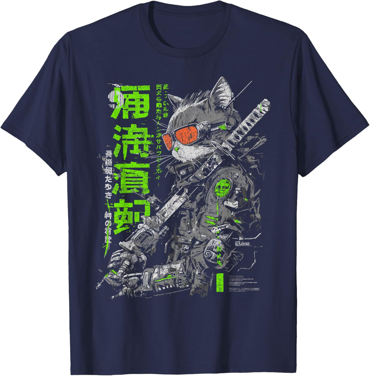 Japanese Streetwear Samurai Cat Cyberpunk Y2K Anime T-Shirt - Navy Blue