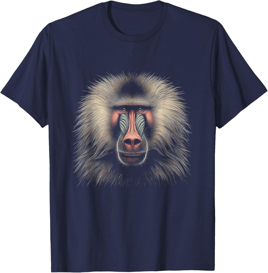 Mandrill Baboon Head Graphic Artwork Design T-Shirt - Navy Blue