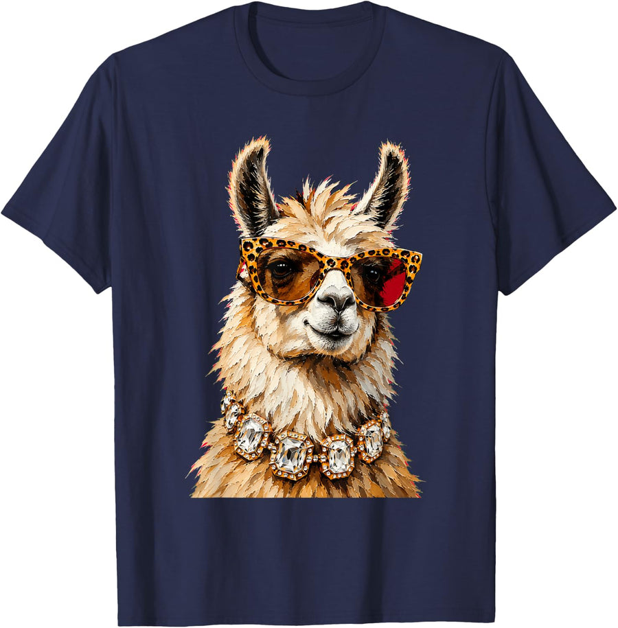 Cool Llama Roar Leopard Sunglasses Funny Humor T-Shirt - Navy Blue
