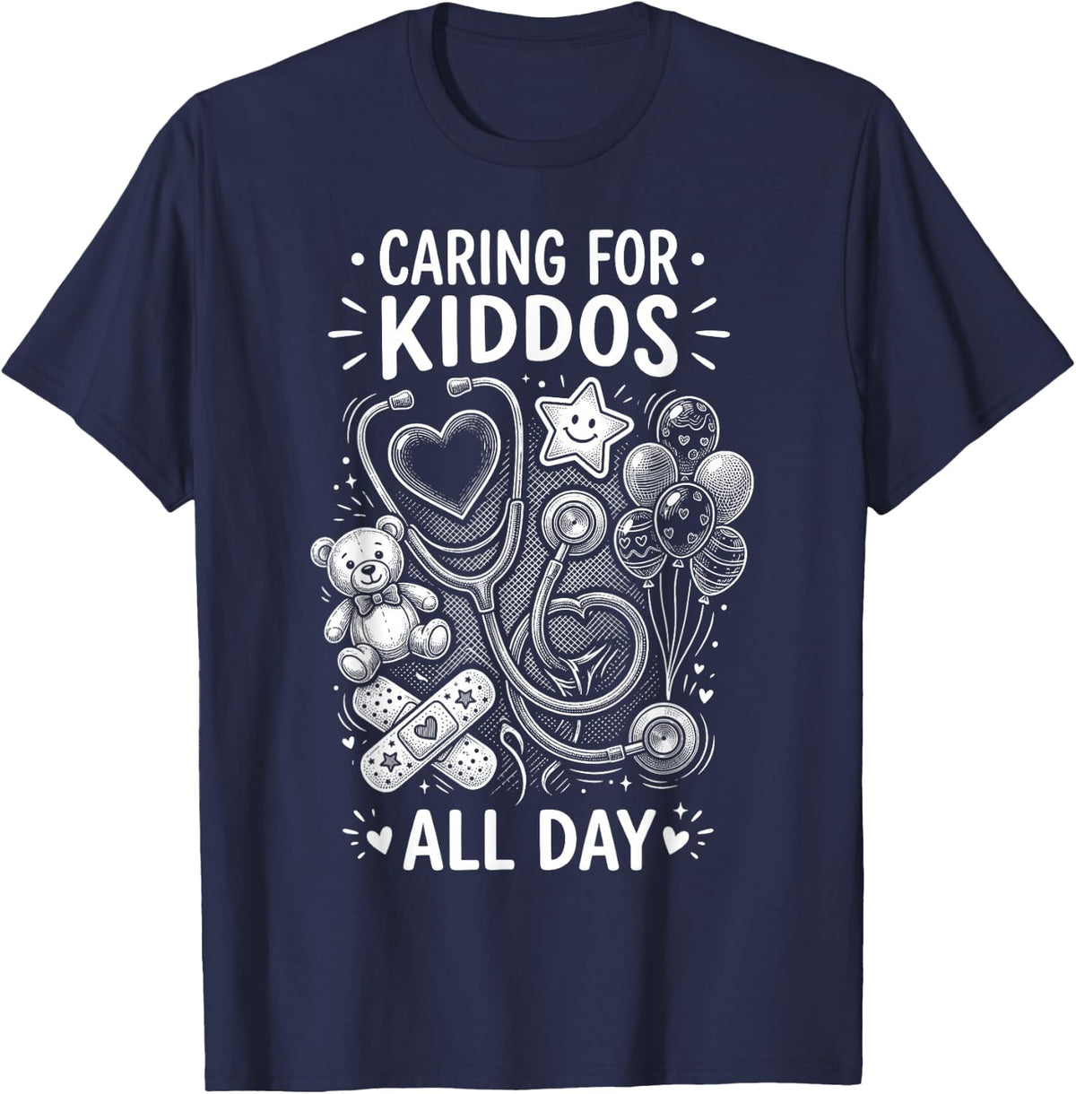 Caring for Kiddos All Day Pediatric Nurse Vintage T-Shirt - Navy Blue