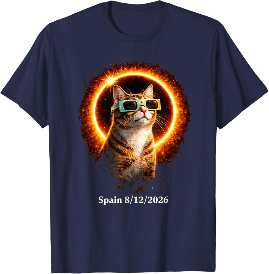 Solar Eclipse Cat Spain August 12 2026 Domestic Shorthair T-Shirt - Navy Blue
