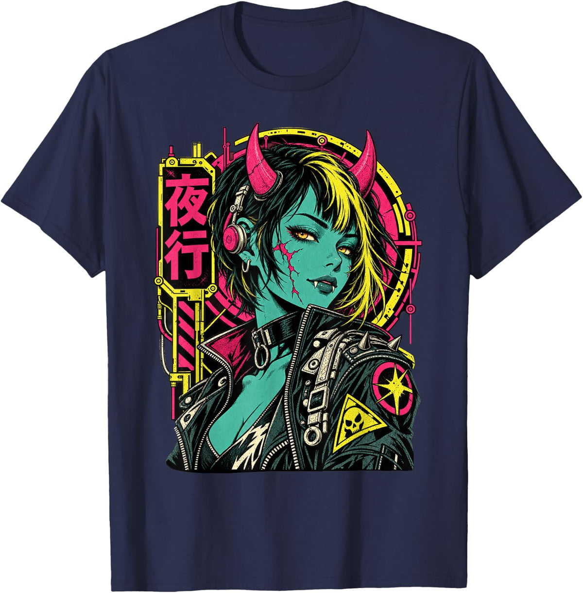 Cyberpunk Oni Demon Woman Japanese Manga Portrait Art T-Shirt - Navy Blue